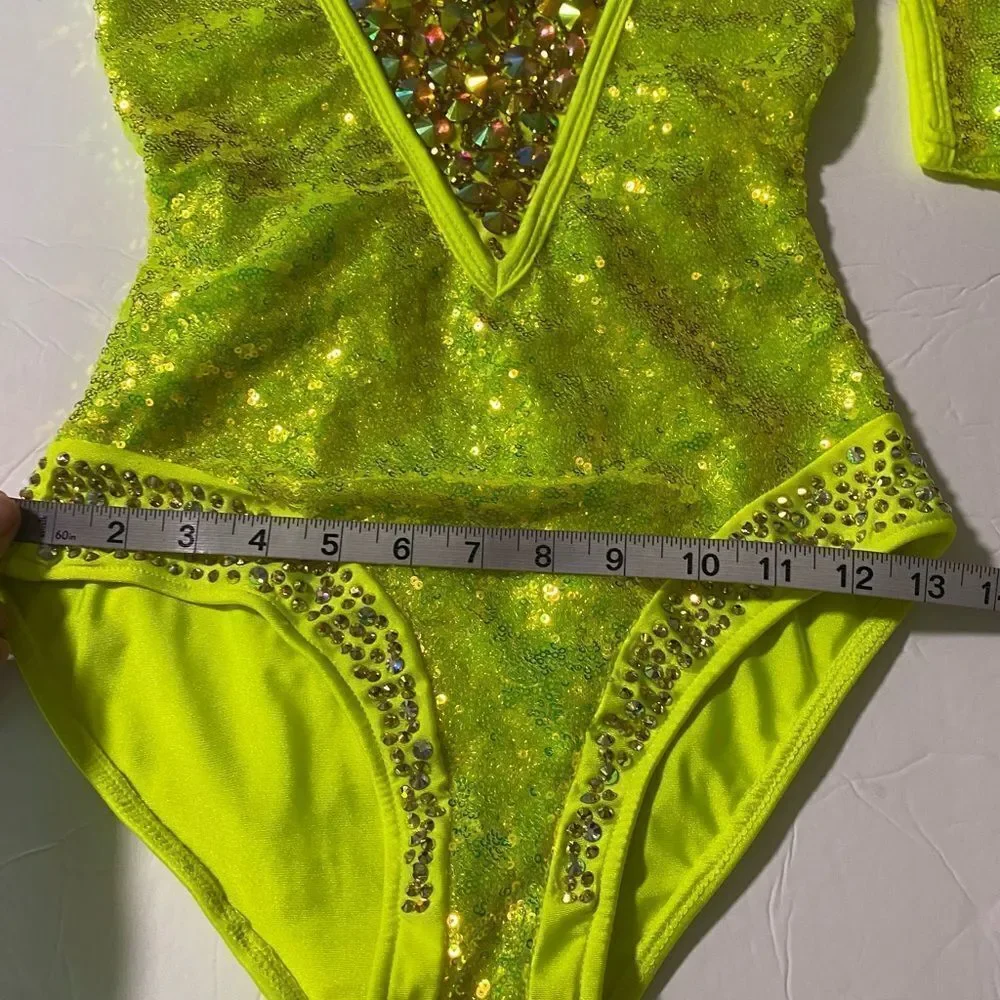 Rare Glamour Competition Solo Costume Neon Lime green Crystal Jazz Open SA adult